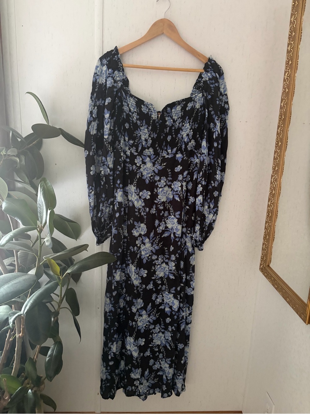 Free People Black Floral Maxi Dress with Blue and White Blossoms